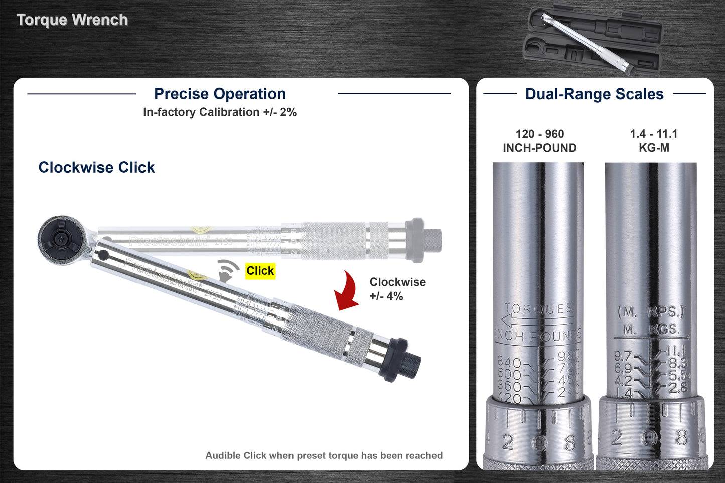 3/8" Drive 120-960 in-lb (1.4-11.1 kg-m) Click Torque Wrench