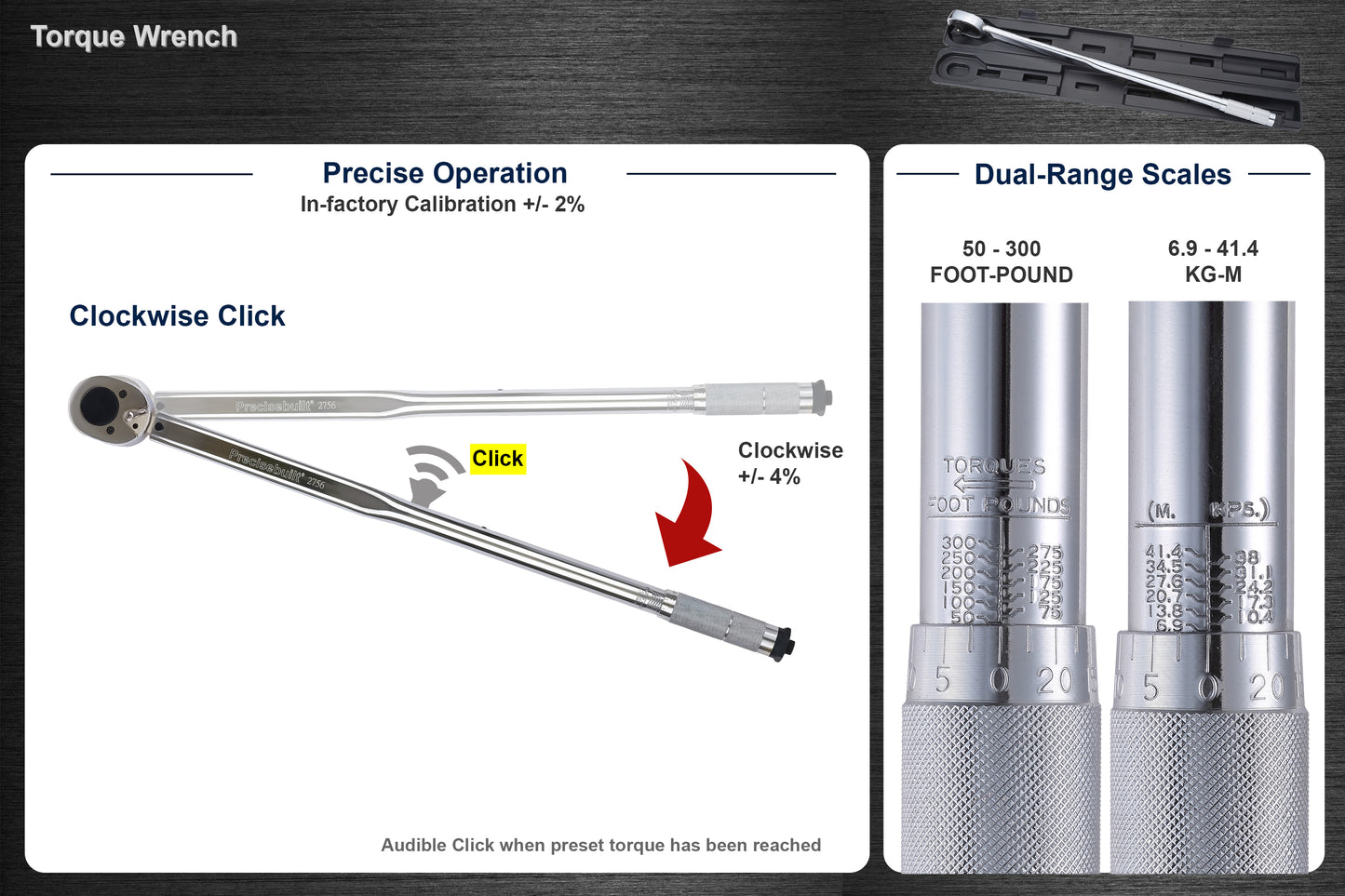 3/4" Drive 50-300 ft-lb (6.9-41.4 kg-m) Click Torque Wrench