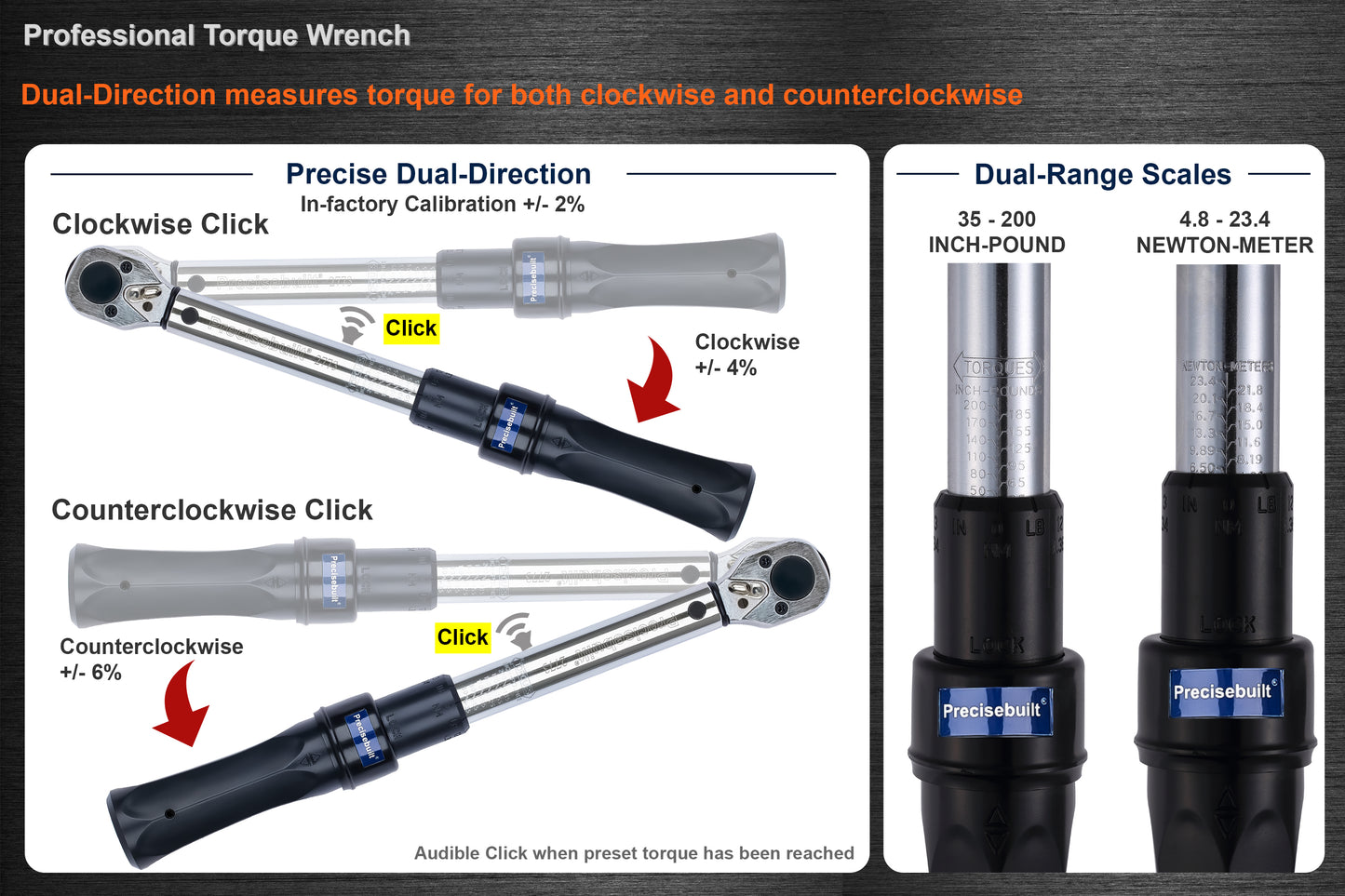 1/4" Drive 35-200 in-lb (4.8-23.4 Nm) Dual-Direction Click Professional Torque Wrench