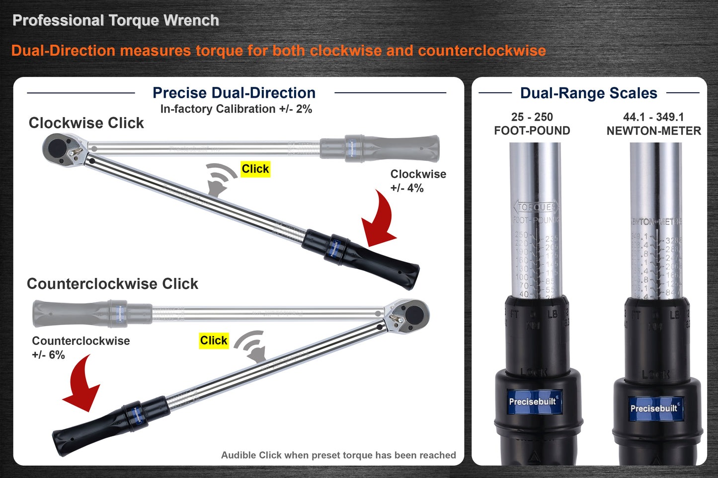 1/2" Drive 25-250 ft-lb (44.1-349.1 Nm) Dual-Direction Click Professional Torque Wrench